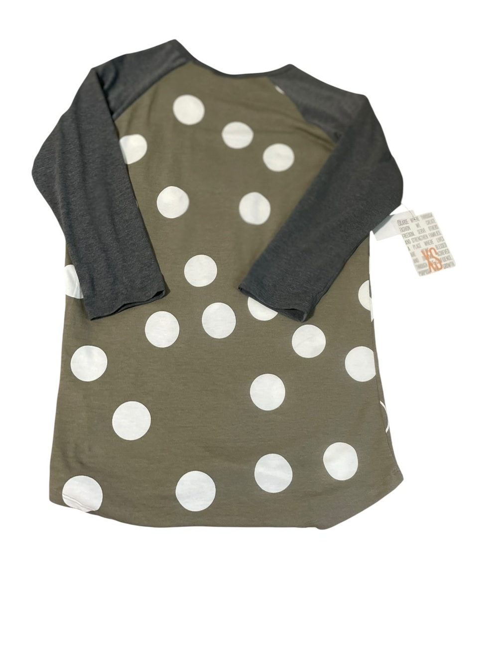 LuLaRoe Olive Green Polka Dot Long Sleeve Raglan Tee with Charcoal Sleeves